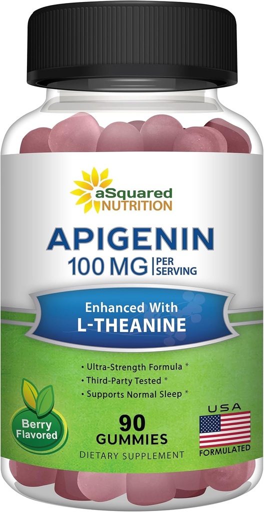 Apigenin 100mg with L-Theanine 100mg Gummies - Apigenin Supplement for Sleep - Natural Extract Gummy Alternative to Capsules, Pills, Powder & Tea - 2 Per Serving