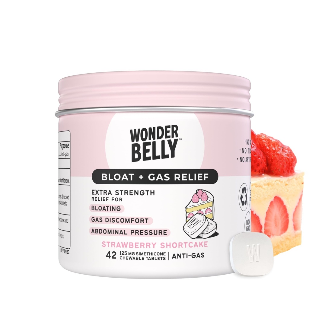 Wonderbelly Bloat + Gas Relief, Extra Strength Chewable Tables, with 125 mg Simethicone, No Talc or Dye, Strawberry Shortcake, 42 Count