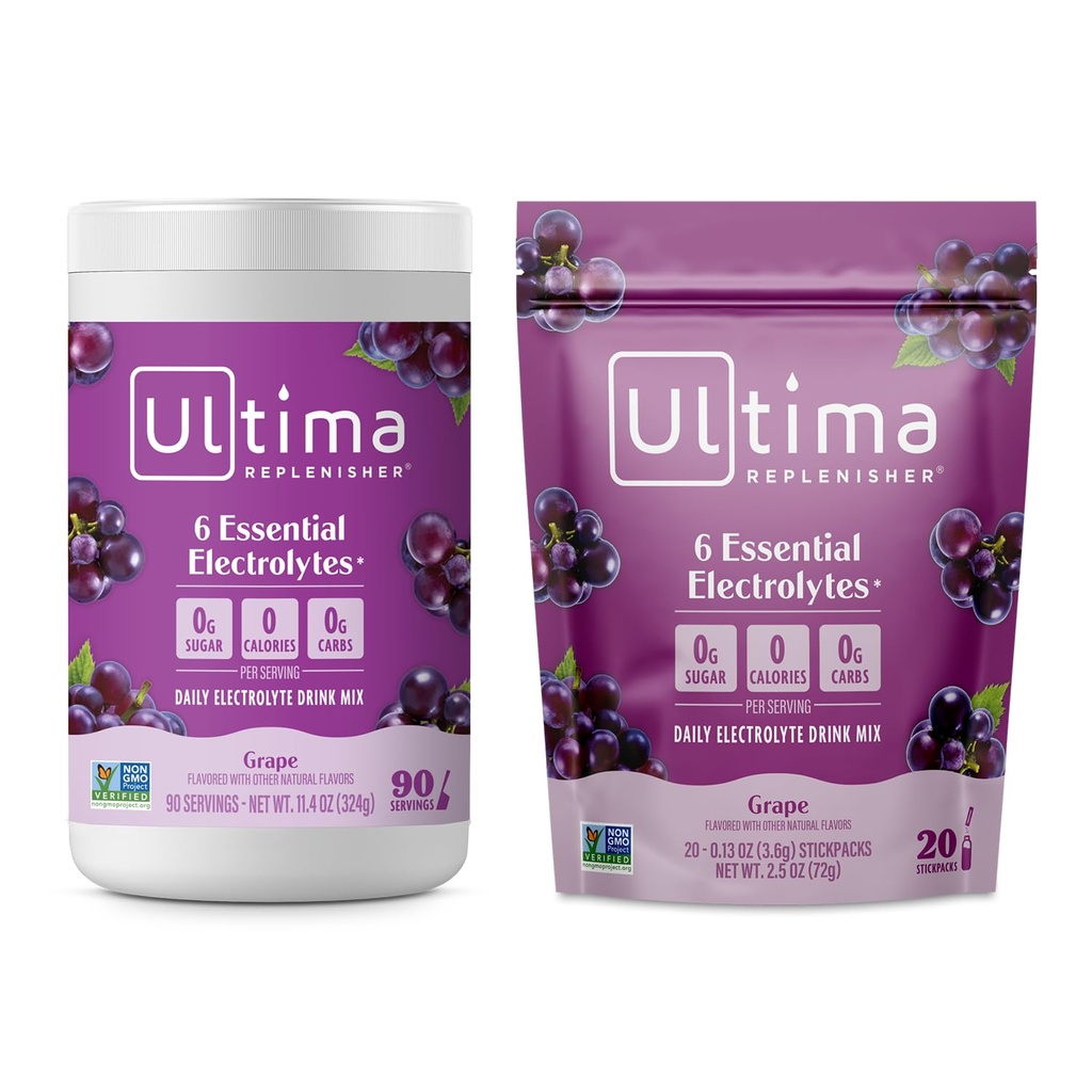 Ultima Replenisher Ηλεκτρολυτικό Ποτό σε σκόνη Mix Bundle – Χωρίς ζάχαρη – Σταφύλι, 90 Σερβιρίσματος Canister και 20 Stickpacks – 6 Ηλεκτρόλυτα και Ορυκτά – Κετό Φιλικό, Vegan, Μη ΓΤΟ