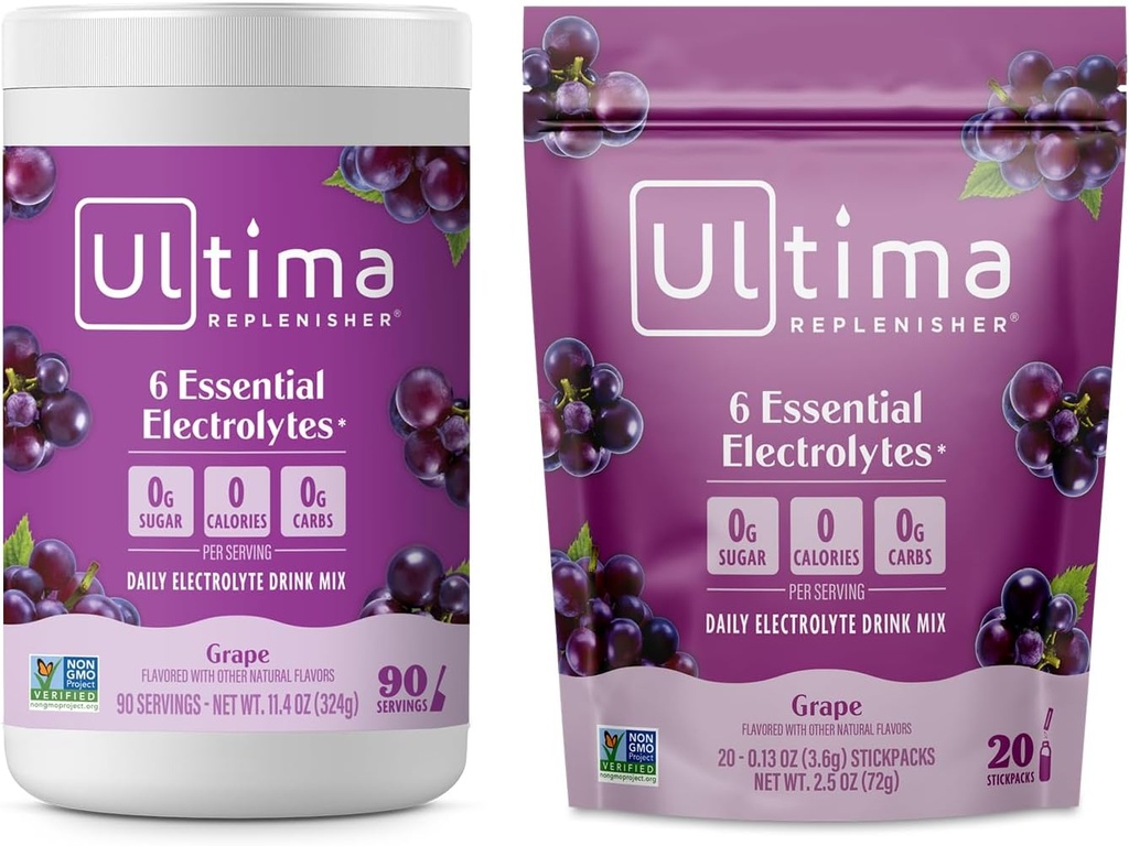 Ultima Replenisher Ηλεκτρολυτικό Ποτό σε σκόνη Mix Bundle – Χωρίς ζάχαρη – Σταφύλι, 90 Σερβιρίσματος Canister και 20 Stickpacks – 6 Ηλεκτρόλυτα και Ορυκτά – Κετό Φιλικό, Vegan, Μη ΓΤΟ