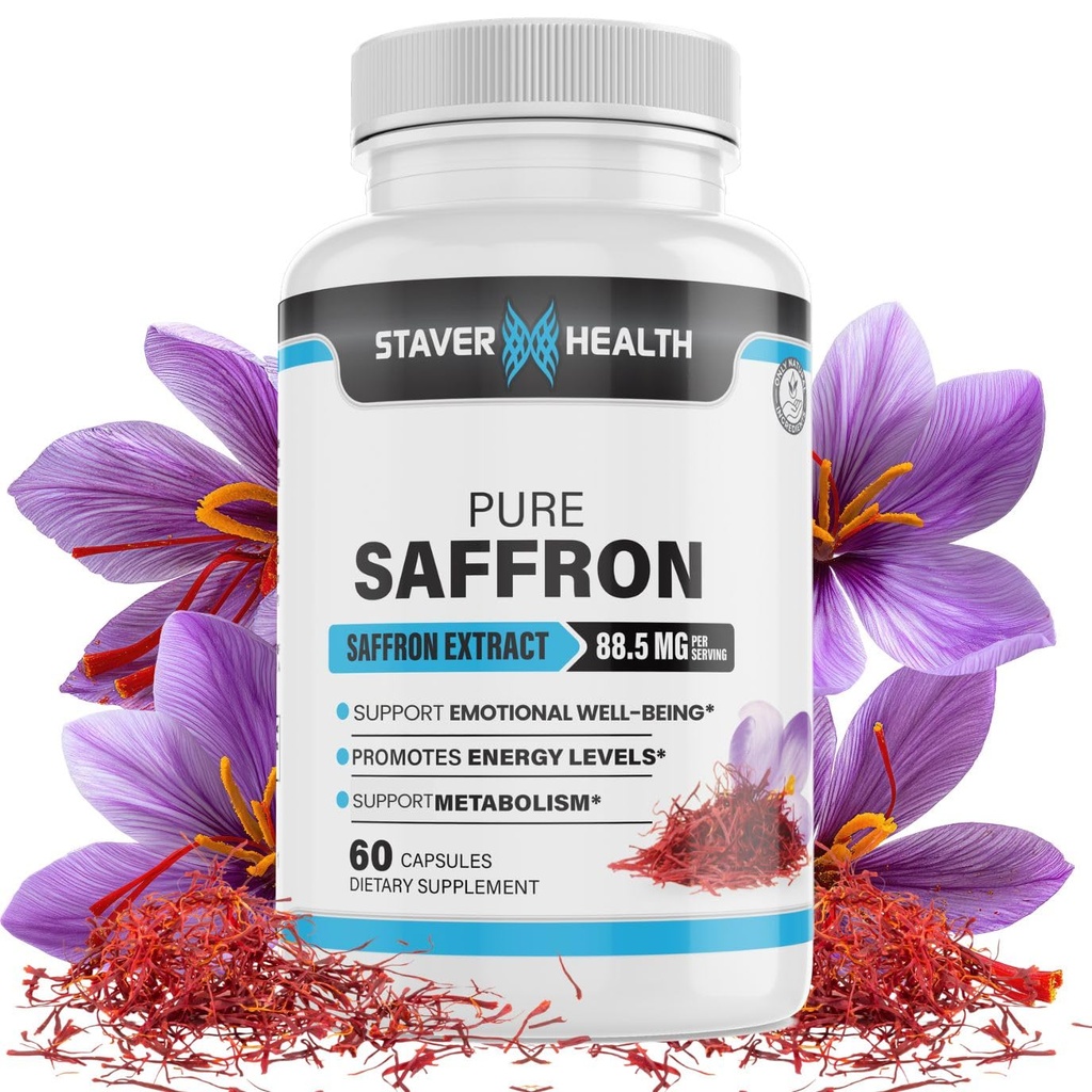 Saffron Supplement 88.5 mg – Saffron Extract Capsules – Supports Mood Balance & Emotional Wellness – 60 Veggie Capsules – Staver Health
