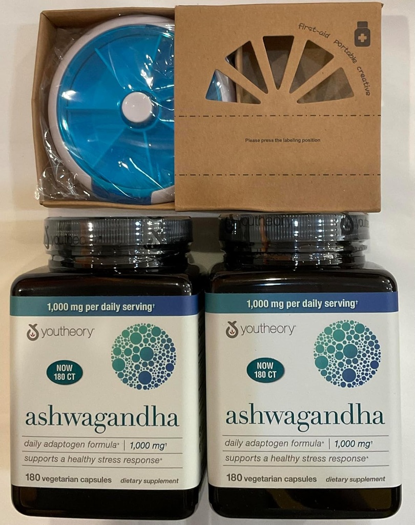 Youtheory Ashwagandha 1000mg με KSM-66 - Βοηθά στην υποστήριξη μιας υγιούς αντίδρασης στρες, 180 κάψουλες (πακέτο του 2) και Pill Orgnizer Bundles