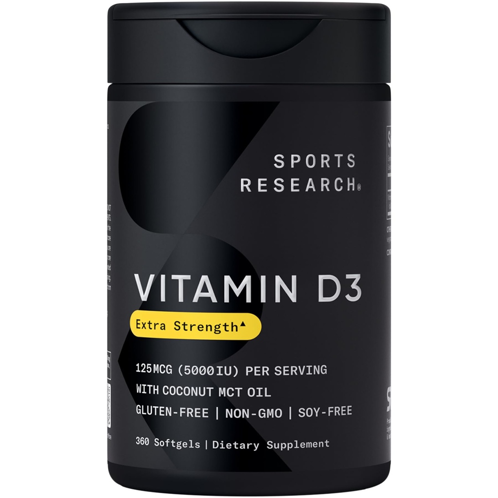 Sports Research Vitamin D3 5000 IU with Coconut MCT Oil - High Potency Vitamin D Supplement for Immune & Bone Support - Non-GMO Verified, Gluten & Soy Free – 125mcg, 360 Liquid Softgels