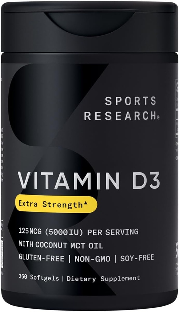 Sports Research® Vitamin D3 w/Coconut MCT Oil - Υψηλή ισχύς Βιταμίνη D3 5000iu (125mcg) Συμπλήρωμα για την υποστήριξη του ανοσοποιητικού και των οστών - Χωρίς σπορέλαιο - Μη ΓΤΟ - Χωρίς γλουτένη (360 Liquid Softgels)