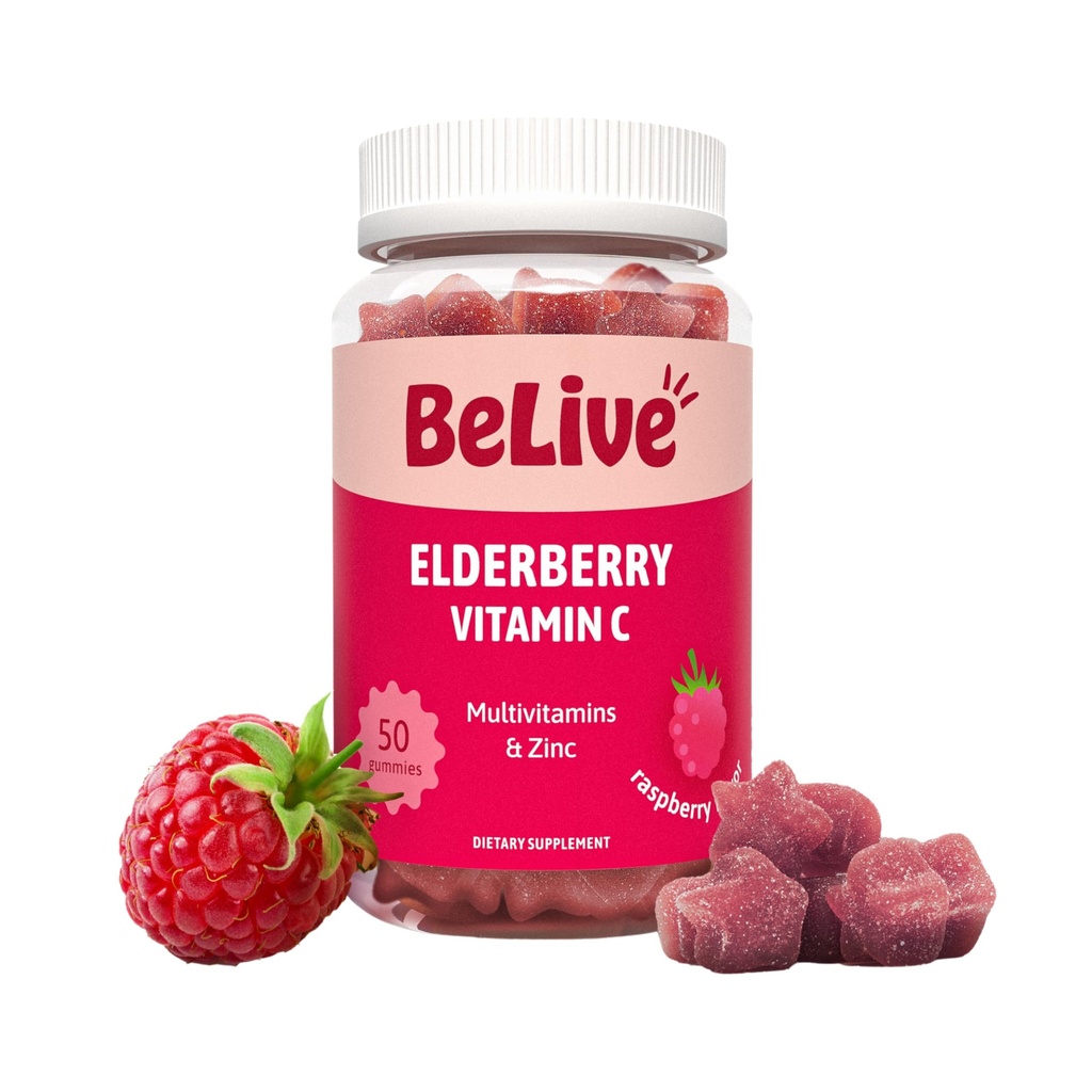 Belive Gummies Elderberry με ψευδάργυρο και βιταμίνη C, D, A, E, B12-50 Ct I συμπλήρωμα υποστήριξης του ανοσοποιητικού για υγιή οστά & δόντια, Vegan, Keto & μη GMO - Βατόμουρο Γεύση