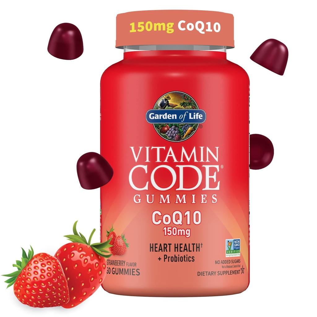 Κήπος Ζωής Κωδικός βιταμίνης CoQ10 Gummies 150 mg, Συνένζυμο Q10 για την υγεία της καρδιάς, την παραγωγή ενέργειας & την υγιή γήρανση + Πρεβιοτικά & προβιοτικά για την πέψη, μη-GMO, χωρίς γλουτένη, 60 Gummies Φράουλα