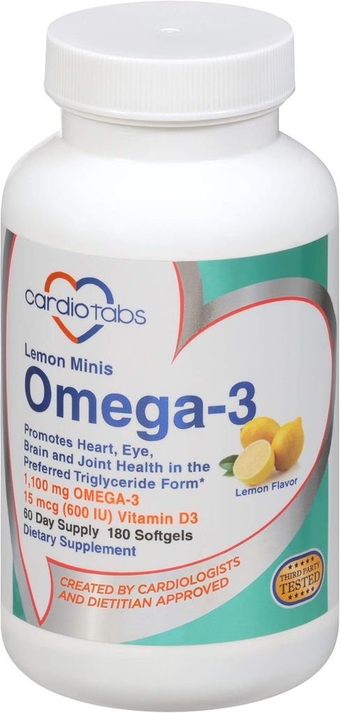 Ωμέγα 3 Λεμονάκια + Βιταμίνη D3, 1.100 mg Ωμέγα-3 σε μορφή Τριγλυκεριδίων και 600 IU Βιταμίνης D3, Εύκολο στο Σουάλοου, Φρέσκο Λεμονό-Flavored Ωμέγα-3 Συμπλήρωμα Softgels - 180 Count