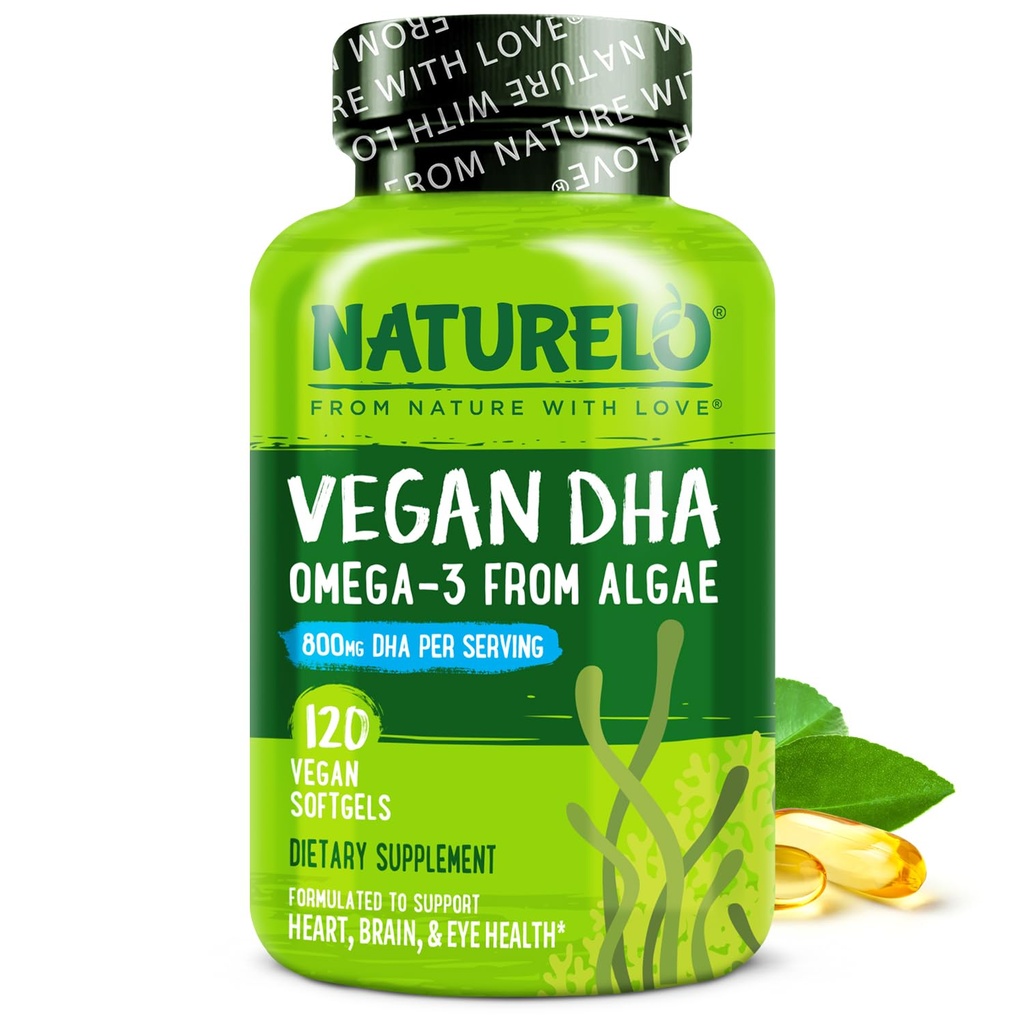 NATURELO Vegan DHA - Omega 3 Oil from Algae - Συμπλήρωμα για τον εγκέφαλο, την καρδιά, την κοινή, την υγεία των ματιών - παρέχει απαραίτητα λιπαρά οξέα για τις γυναίκες άνδρες και παιδιά - Συμπληρώνει προγεννητικές βιταμίνες - 120 Softgels