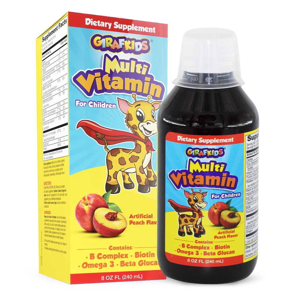 GirafKids Liquid Multivitamin for Kids Ηλικίες 4+, 8oz - Daily Child Vitamins with Biotin, Vitamin A, B Complex, Folic Acid, Omega-3 & Beta Glucan - Συμπλήρωμα διατροφής για την ανάπτυξη και την ενέργεια των παιδιών