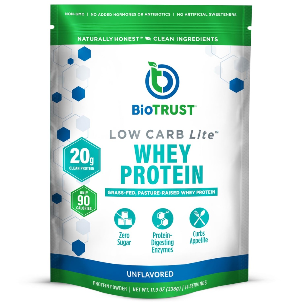 BioTrust χαμηλή υδατανθράκων Lite, χαμηλή σκόνη πρωτεΐνης θερμίδων – χαμηλή υδατανθράκων, ζάχαρη δωρεάν, χαμηλή νάτριο, σκόνη πρωτεΐνης Κέτο – 20g πρωτεΐνης Whey Fed με Digestive Ένζυμα – Μη αρωματισμένα, 14 εξυπηρετούν