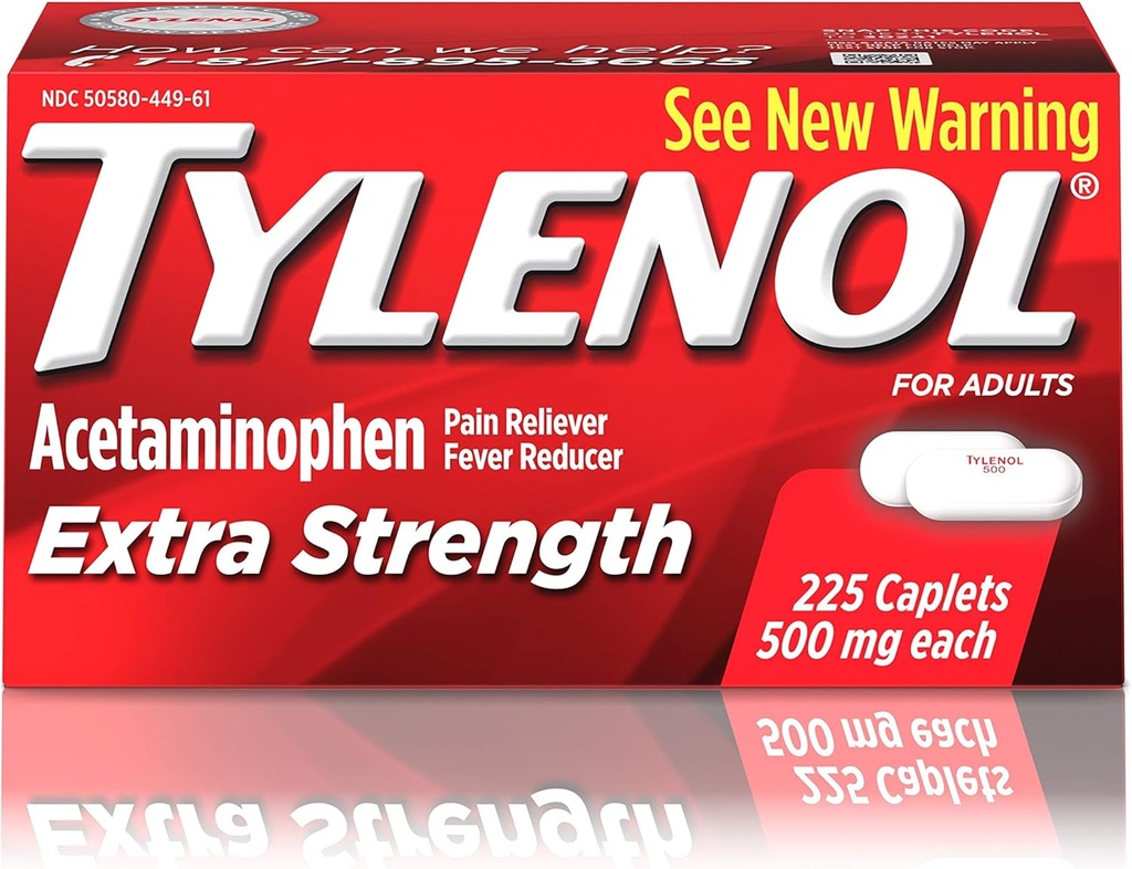 Tylenol Extra Strength Caplets with 500 mg Acetaminophen, Pain Reliever & Fever Reducer, Για Κεφαλαλγία, Οσφυαλγία & Εμμηνορρυσιακό Πόνος Relief, 225 ct