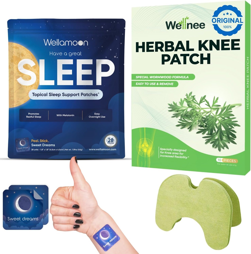 Wellnee & Wellamoon Wellness Pack: Herbal Knee Comfort Patches (10 Count) & Natural Sleep Support Patches (28 Count) – Κοινή & Μυική Άνεση με Plant-based Sleep Aid
