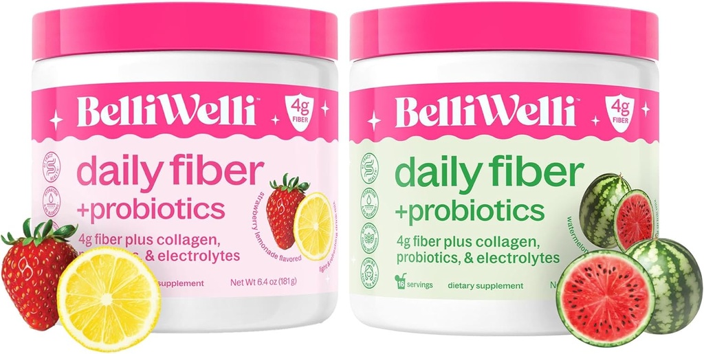 Belli Welli Daily Fiber Supplement Bundle - Λεμονάδα φράουλα & Καρπούζι - Κολλαγόνο, Προβιοτικά & Ηλεκτρόλυτα για Ισορροπημένη Ευεξία - Αναψυκτικές Γεύσεις, 32 Υπηρεσίες Σύνολο
