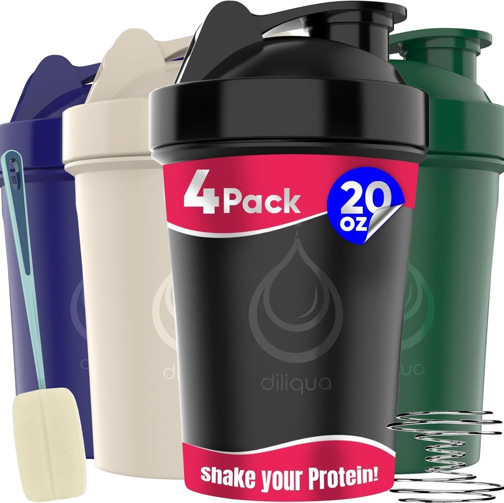 4 PACK, 20 oz Shaker Bottles with Wire Whisks for Protein Mixes | Leakproof Blender Shaker Bottle Pack | BPA-Free & Dishwasher Safe | Shaker bottle | Shaker Cups for shakes Bottle Pack
