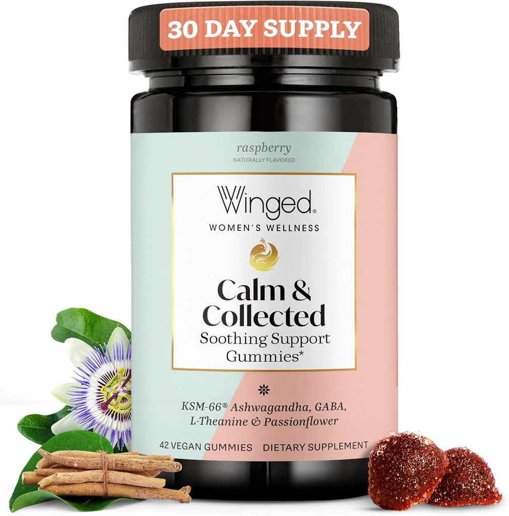 Winged Wellness Calm & Collected, Stress Relief Gummies - συμπλήρωμα υποστήριξης στρες με KSM-66 Ashwagandha, L-Θεανίνη, GABA & Passionflower - Vegan & Gluten-Free Gummy - Βατόμουρο, 42 Count