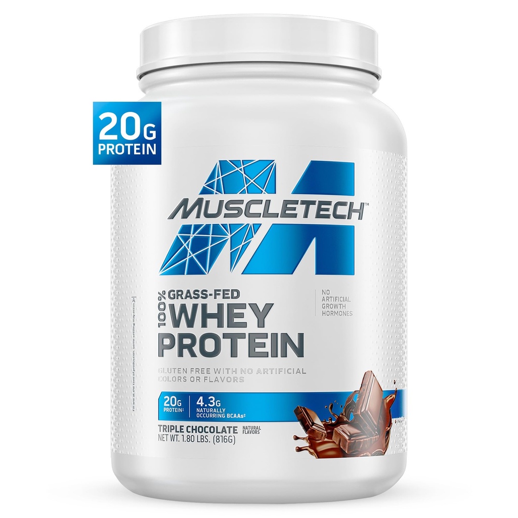 Muscletech Grass-Fed Whey Protein Powder (Τρίκλινη σοκολάτα, 1.8LB) - Whey Protein Smoothie & Milk Shake Mix Υποστηρίζει μυϊκή αύξηση & ανάκτηση - 20g πρωτεΐνης Whey για γυναίκες & άνδρες - μη-GMO, χωρίς γλουτένη-ελεύθερος