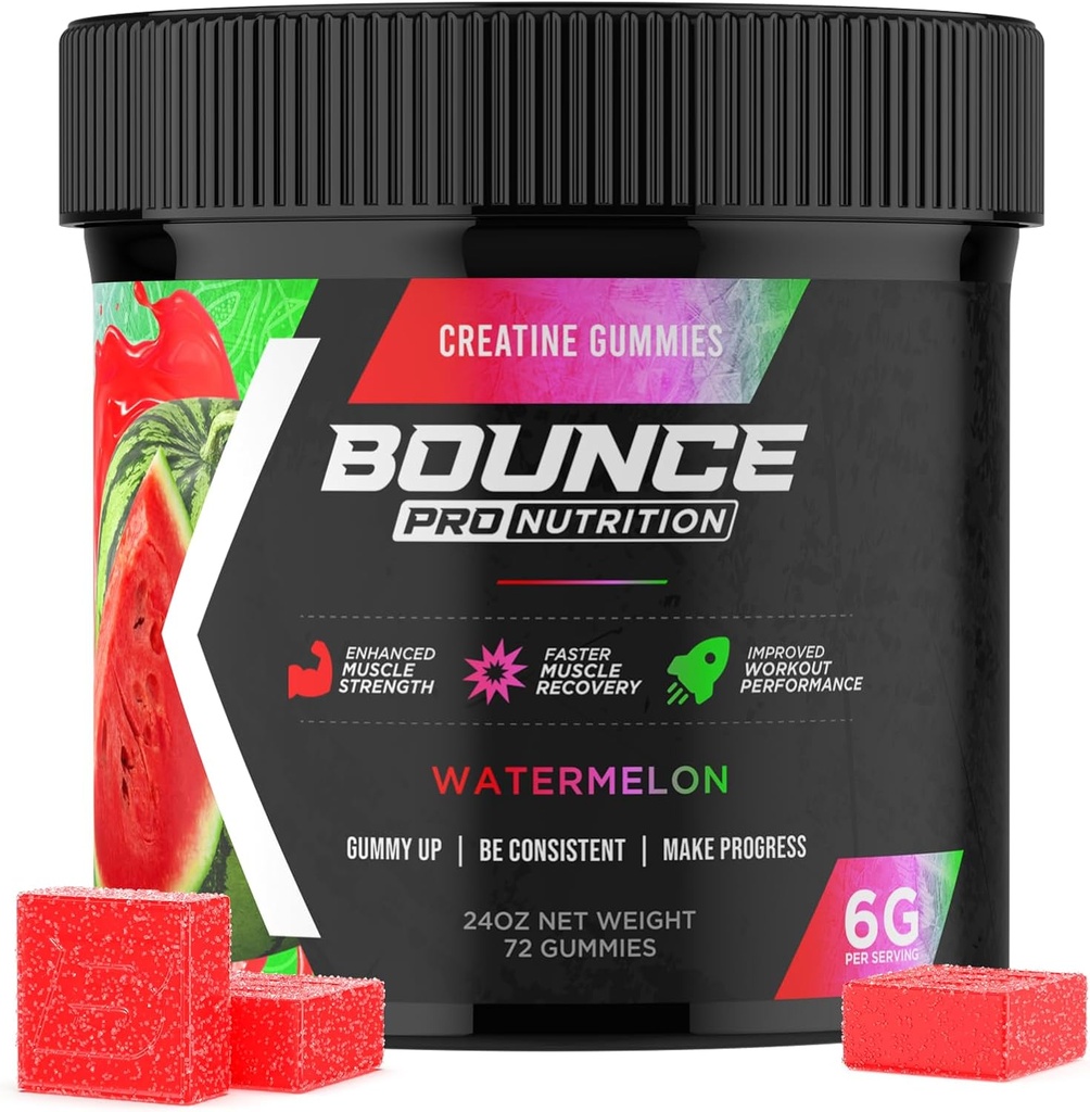Bounce Pro Creatine Μονοϋδρικά Gummies για άνδρες και γυναίκες, Χαμηλή θερμίδα, 6G Createine per Serving, Vegan, Anti-Melting, Gluten-free, Non-GMO, 2g Creatine per Gummy (72ct, Watermelon)