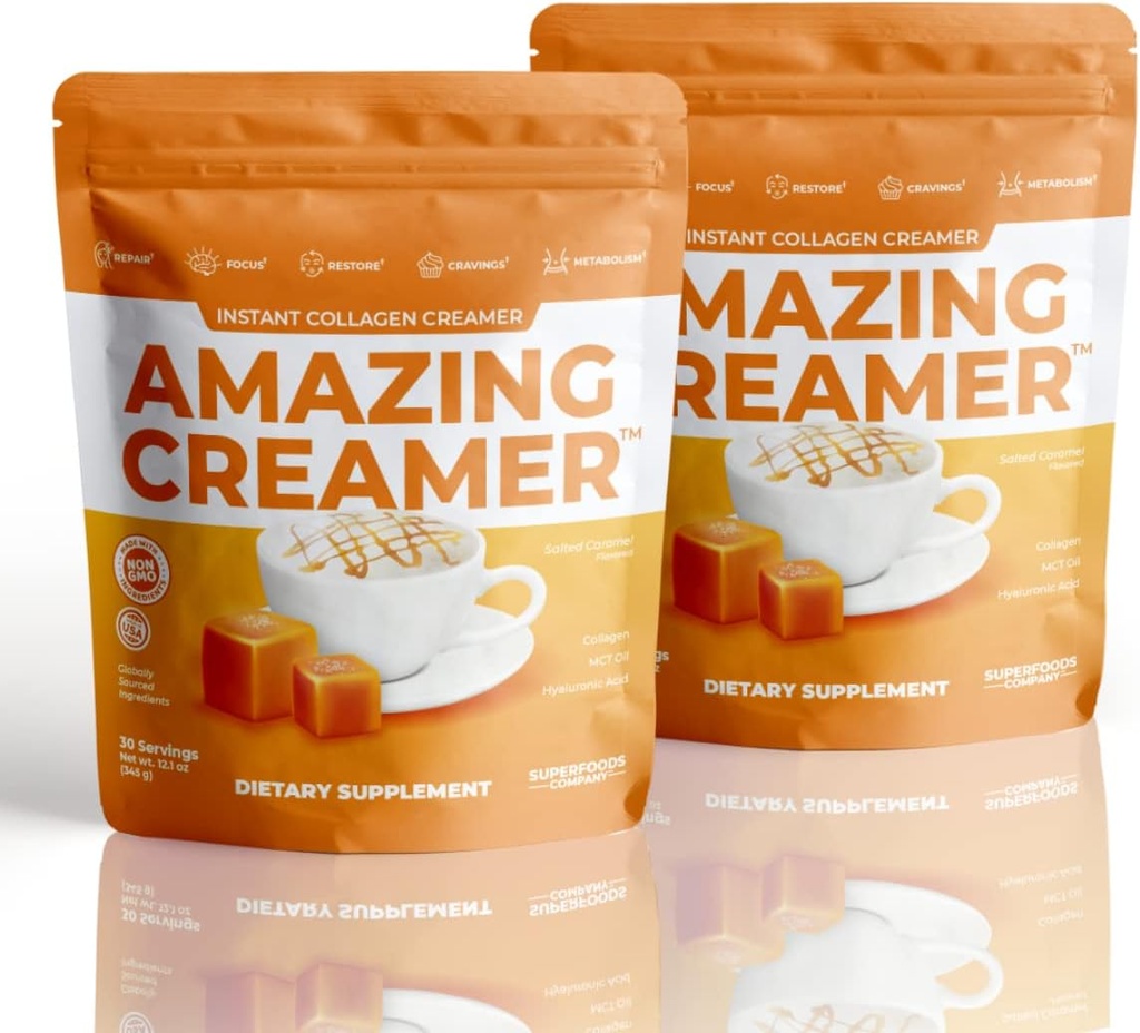 Superfoods Company Amazing Creamer με κολλαγόνο - Keto Creamer-Hyaluronic Acid & MCT Oil - Brain Boost & Curbs Cravings - Υποστηρίζει υγιή δέρμα & μαλλιά - Διατροφή-Φιλικά [60 Σερβίρει] [Αλατισμένο καραμέλ]