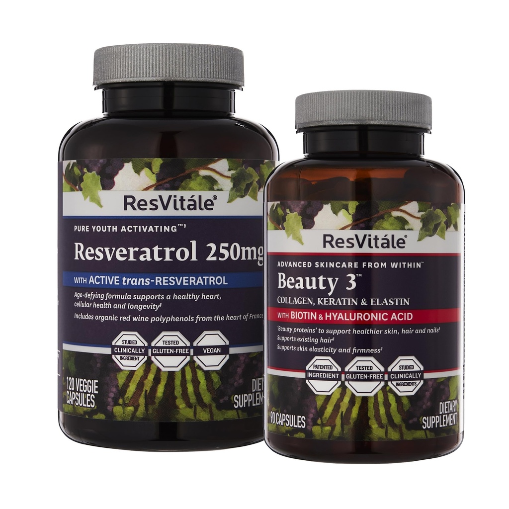 ResVitale Beauty 3 - συμπλήρωμα περιποίησης δέρματος με κολλαγόνο, κερατίνη & ελαστίνη - 90 κάψουλες & ρεσβερατρόλη 250 mg - συμπλήρωμα ρεσβερατρόλης για άνδρες και γυναίκες - 120 κάψουλες Veggie