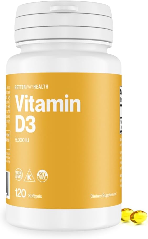 Better Way Health Vitamin D3 5000 IU – Συμπλήρωμα βιταμίνης Softgel υψηλής ισχύος για την υγεία του ανοσοποιητικού και των οστών – Μη ΓΤΟ, Γαλακτο-ελεύθερο, 120 Softgels