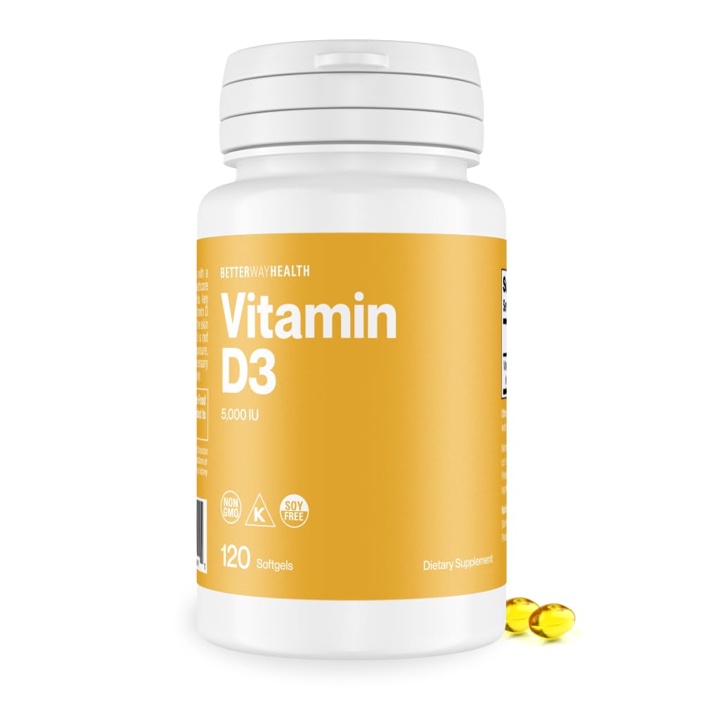 Better Way Health Vitamin D3 5000 IU – Συμπλήρωμα βιταμίνης Softgel υψηλής ισχύος για την υγεία του ανοσοποιητικού και των οστών – Μη ΓΤΟ, Γαλακτο-ελεύθερο, 120 Softgels