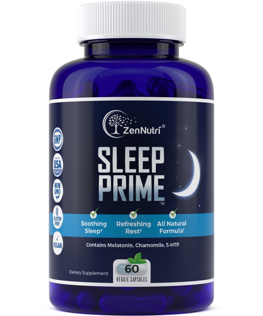 Sleep Prime Vegan Natural Sleep Aid for Adult Extra Strength - Deep Sleep Supplement - Βότανο Sleeping Pill - Stress Relief - Μελατονίνη, GABA - 60 Veggie caps