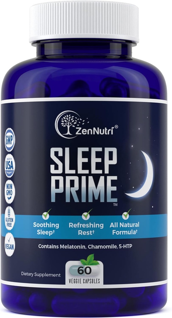 Sleep Prime Vegan Natural Sleep Aid for Adult Extra Strength - Deep Sleep Supplement - Βότανο Sleeping Pill - Stress Relief - Μελατονίνη, GABA - 60 Veggie caps