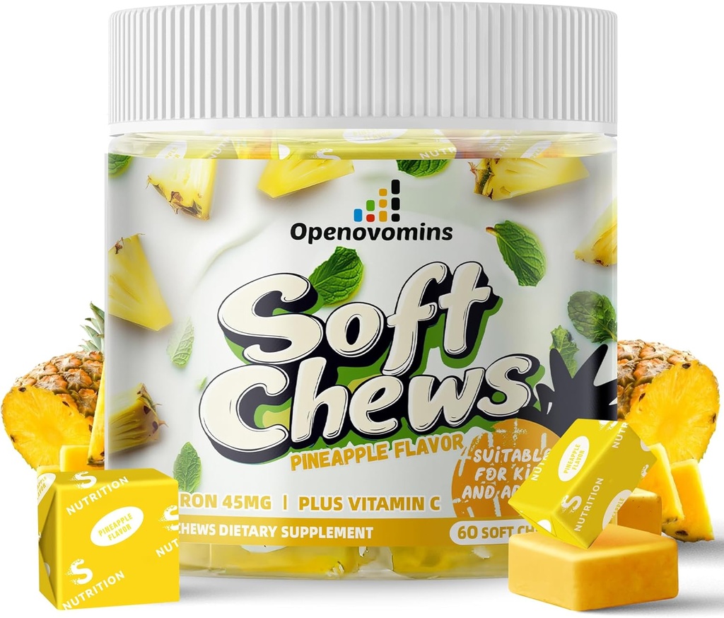 Chews συμπλήρωμα σιδήρου με βιταμίνη C για γυναίκες άνδρες και παιδιά, φυσικό Vegan σιδήρου μαλακό μάσημα με βιταμίνη B6,B12,D, ασβέστιο & ψευδάργυρος - Υποστήριξη ενέργειας, 60 ανανά μαλακά Chews, 2 μήνες προσφοράς