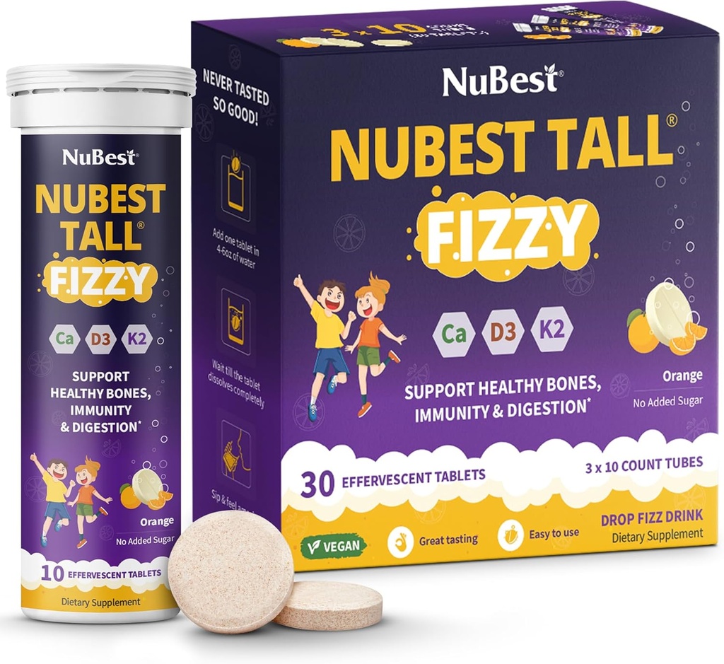 NuBest Tall Fizzy - Bone Strength, Immunity, Digestive Health for Kids Age 4+ & Teens | Probiotic, Calcium, Magnesium from Red Marine Algae, Vitamins | 30 Orange Effervescent Tablets | Pack 3
