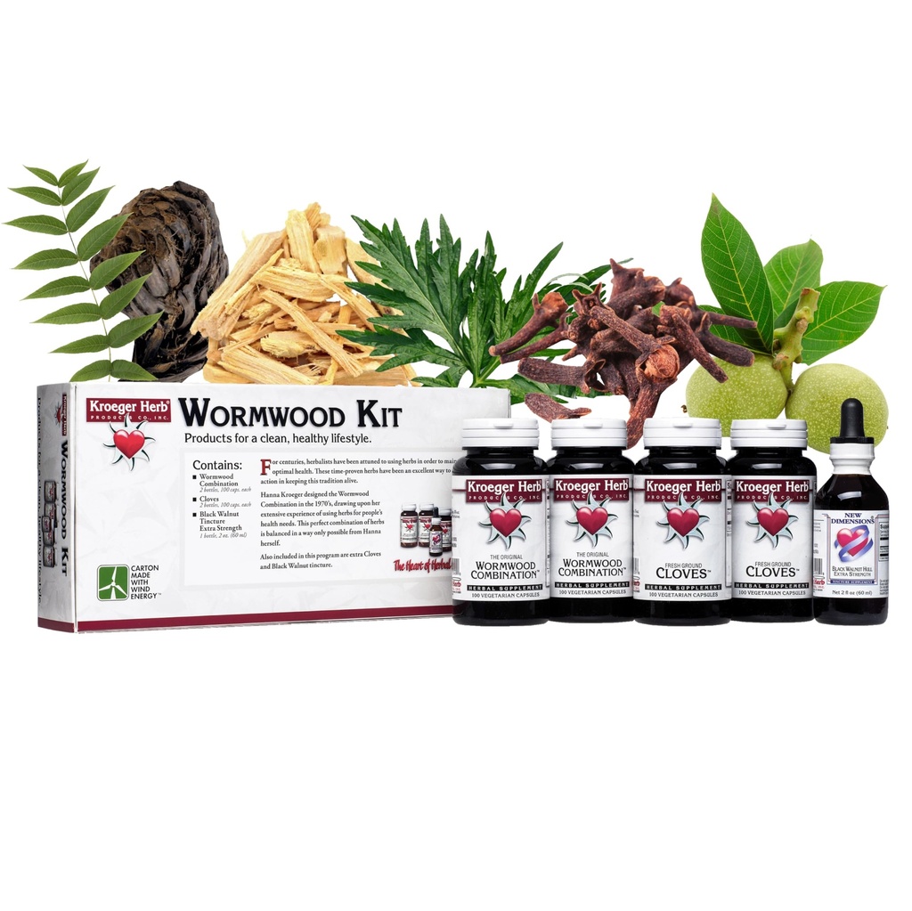 Kroeger Herb Products, Wormwood Herb Supplement Kit, Black Walnut, Clove, Quassia, Worm Wood Detox Cleanse - Κάψουλες, Μη ΓΤΟ, Χωρίς γλουτένη, Χωρίς συντηρητικά ή Fillers, Made in USA