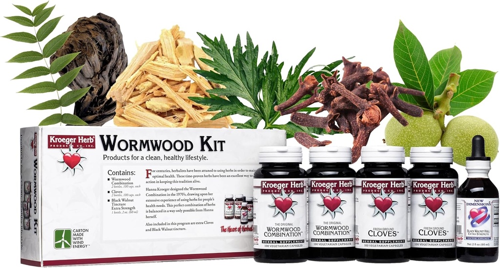 Kroeger Herb Products, Wormwood Herb Supplement Kit, Black Walnut, Clove, Quassia, Worm Wood Detox Cleanse - Κάψουλες, Μη ΓΤΟ, Χωρίς γλουτένη, Χωρίς συντηρητικά ή Fillers, Made in USA