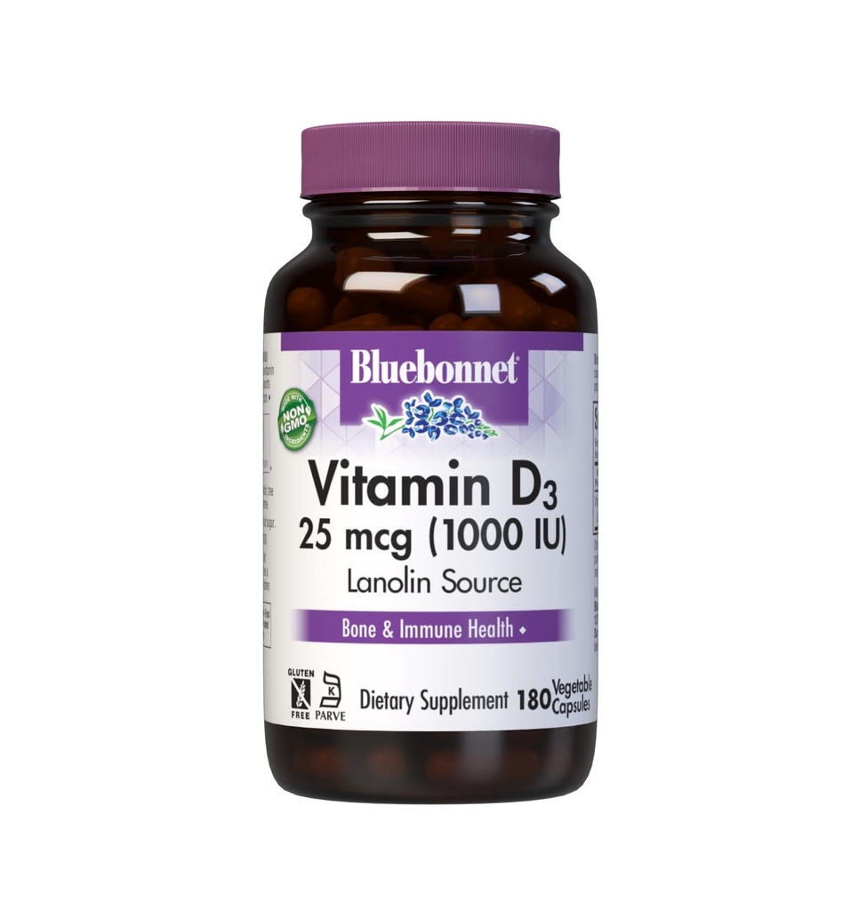 Bluebonnet Vitamin D3 1000 IU 25 mcg - Ισχυρά οστά & ανοσοποιητικό συμπλήρωμα υποστήριξης για γυναίκες & άνδρες* Χωρίς σόγια, χωρίς γλουτένη, χωρίς γλουτένη, χορτοφαγικά - Εξαιρετικά απορροφήσιμη βιταμίνη D - 180 κάψουλες λαχανικών