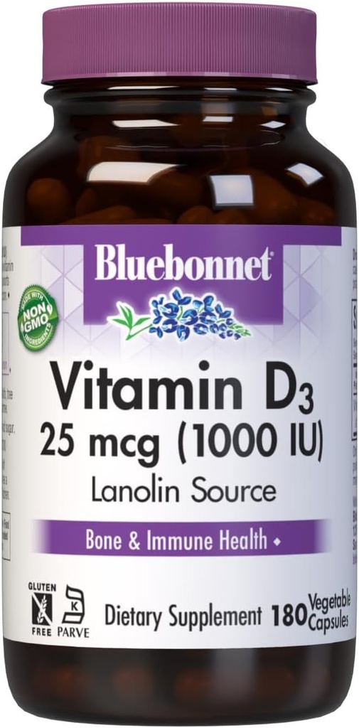 Bluebonnet Vitamin D3 1000 IU 25 mcg - Strong Bones & Immune Support Supplement for Women & Men* Soy-Free, Gluten-Free, Non-GMO, Vegetarian - Highly Absorbable Vitamin D - 180 Veggie Capsules