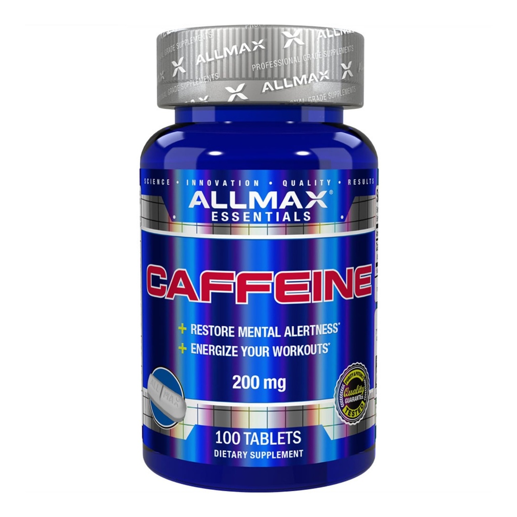ALLMAX Διατροφή Χάπια καφεΐνης, Παρατεταμένη Ενέργεια & Προ - προπόνηση Ψυχική Εστίαση, Γρήγορη Απορρόφηση & Vegan, 200 mg, 100 δισκία