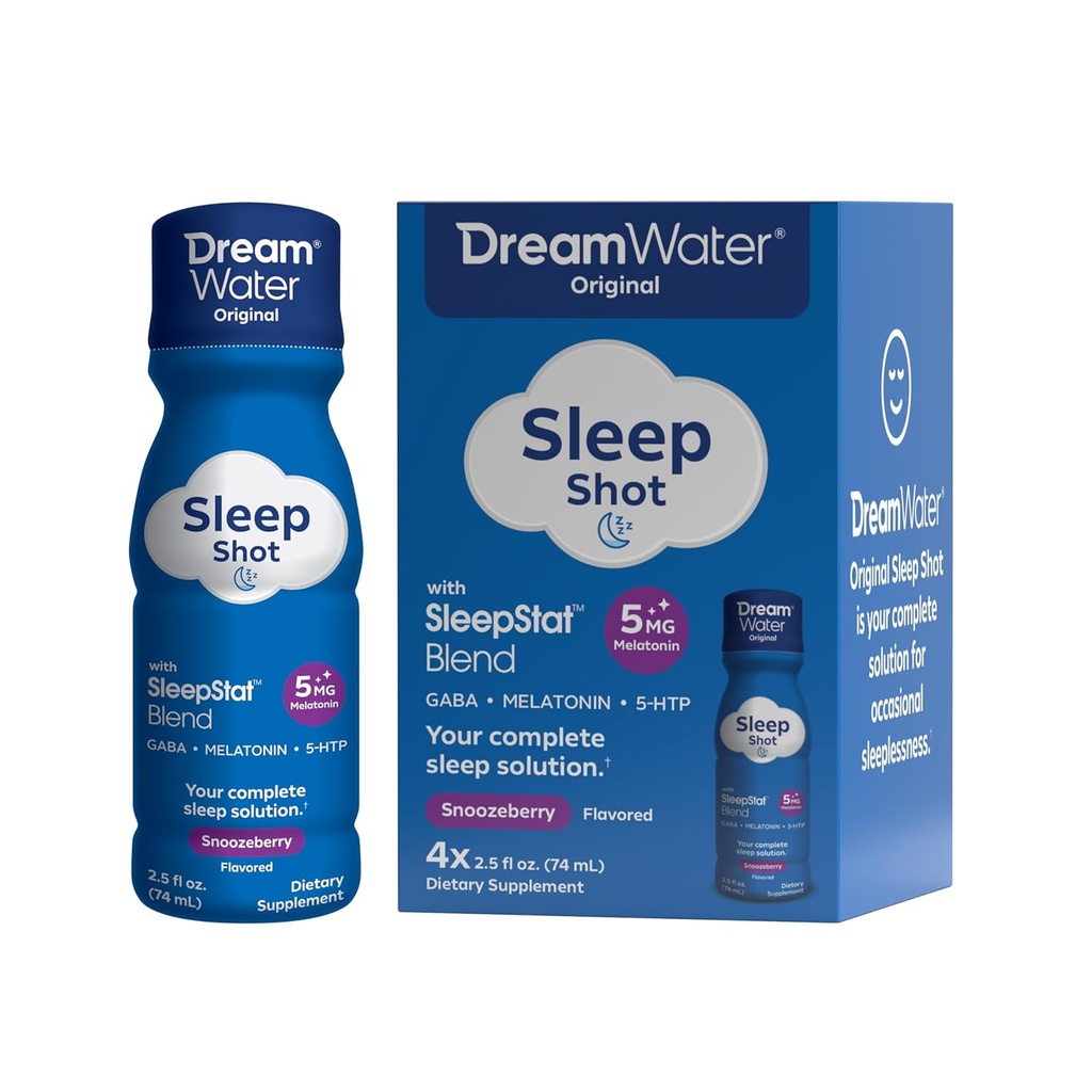 Drim Water Sleep Aid Supplement Drink; Μελατονίνη 5mg, GABA, 5-HTP; Zero Sugar, Φυσικές Γεύσεις, Όχι Προστιθέμενα χρώματα, 2.5 oz Liquid Sleep Shots, Snoozberry, 4-Count