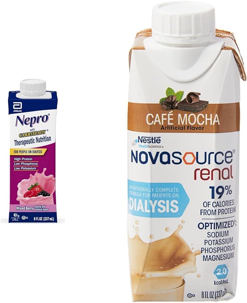 Nepro Nutrition Shake for Diassy Aσθενείς με πρωτεΐνη 19g, 420 θερμίδες, μεικτό μούρο, 24 Count and NOVASOURCE Νεφρική φόρμουλα για αιμοκάθαρση Ασθενείς με 475 θερμίδες, 22g πρωτεΐνη, Μόκα, 24 Count