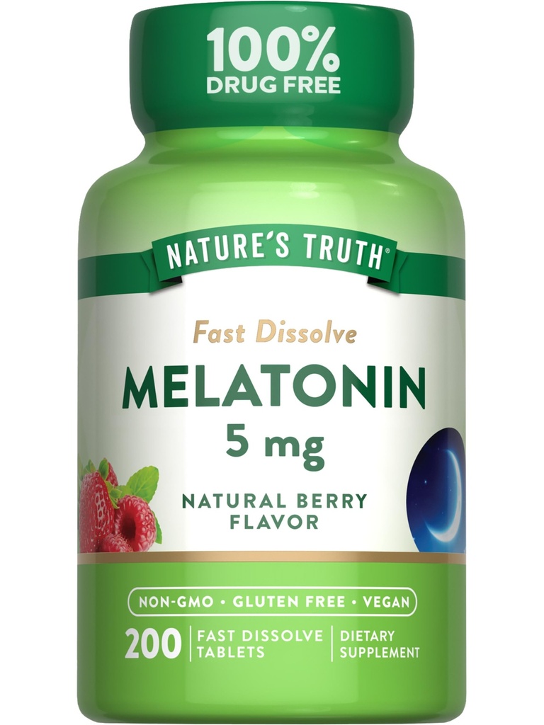 Nature's Truth Melatonin 5mg Fast Dissolve Tablets | 200 Count | Natural Berry Flavor | Vegan, Non-GMO & Gluten Free Supplement