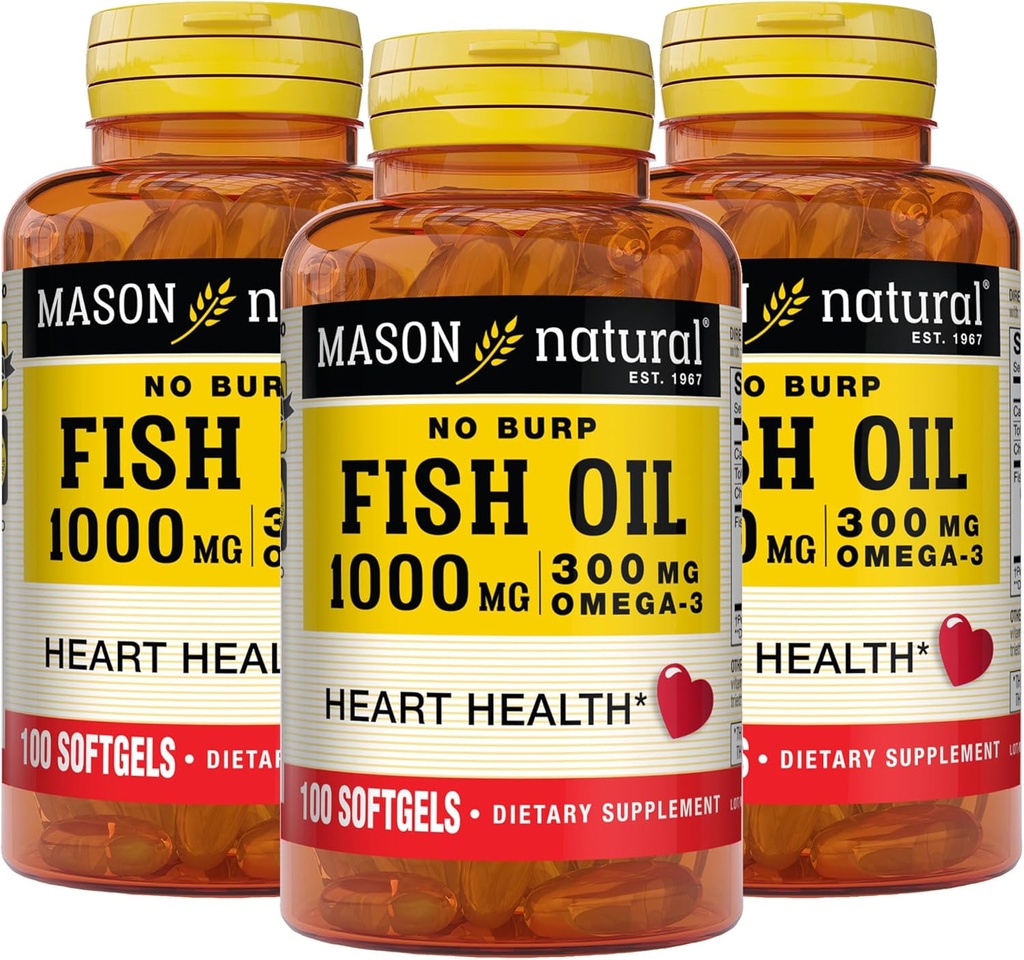 Mason Natural No Burp Fish Oil 1000 mg Ωμέγα, 3 300 mg, Υποστηρίζει τη φυσιολογική υγεία της καρδιάς, 100 Softgels (πακέτο των 3)