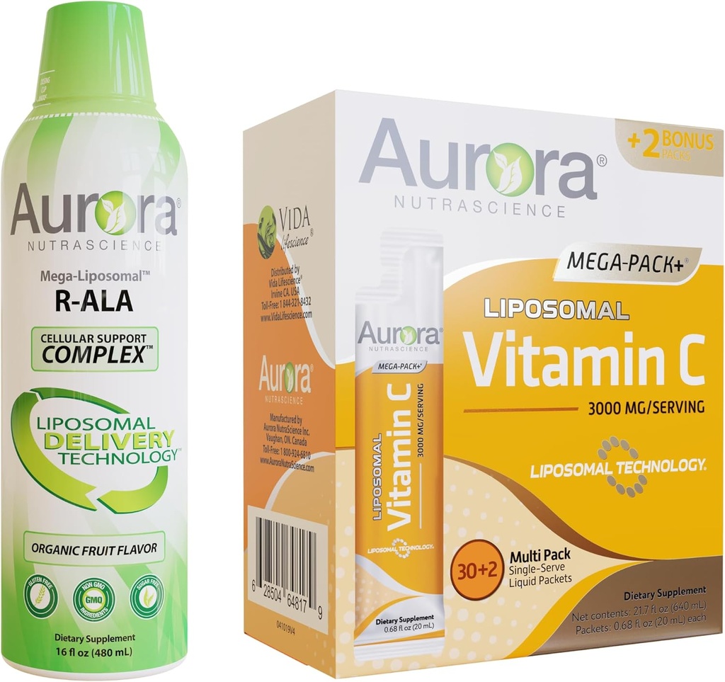 Aurora Nutrascience Mega-Liposomal R-ALA with CoQ10 & L-Carnitine Complex & Mega Liposomal Vitamin C, 3,000 mg Bundle