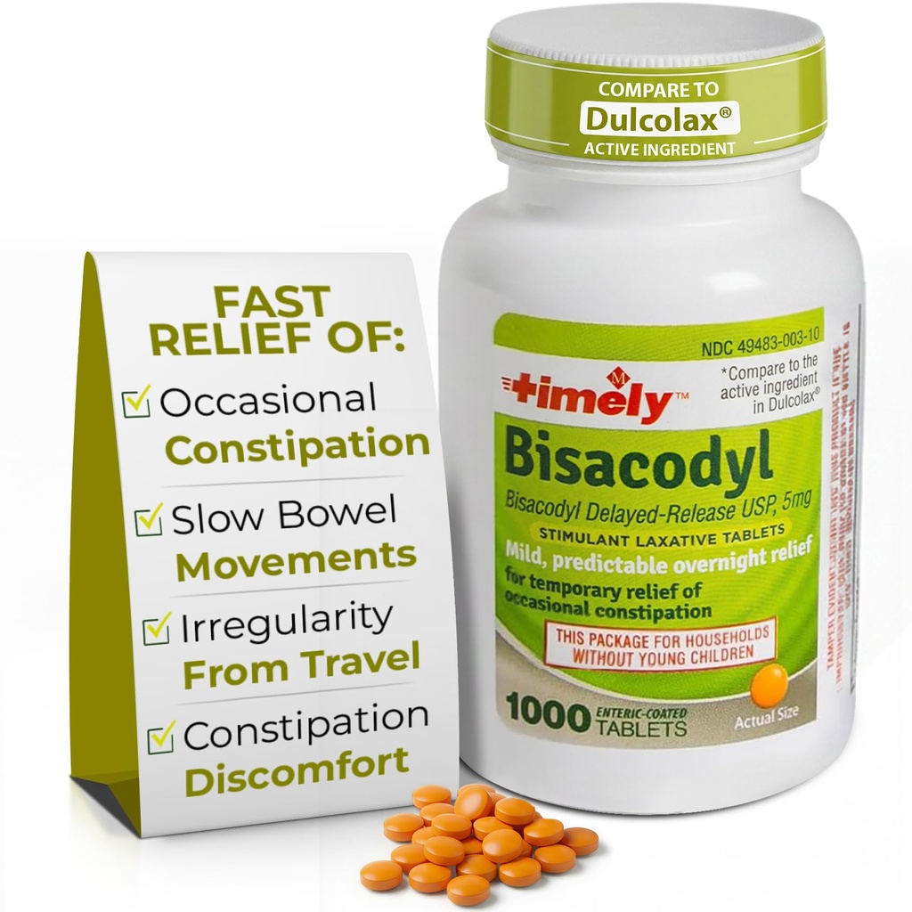Timely Laxative Bisacodyl 5mg Tablets - Διεγερτικό Laxatives για Δυσκοιλιότητα Γρήγορη Δράση & Απαλή - Διανυκτέρευση Ανακουφισμός για Ενήλικες - 1000 Tablets