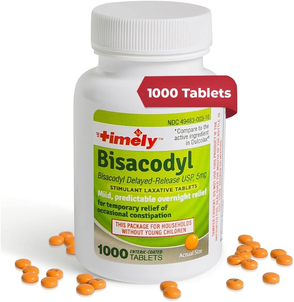 Timely Laxative Bisacodyl 5mg Tablets - Διεγερτικό Laxatives για Δυσκοιλιότητα Γρήγορη Δράση & Απαλή - Διανυκτέρευση Ανακουφισμός για Ενήλικες - 1000 Tablets