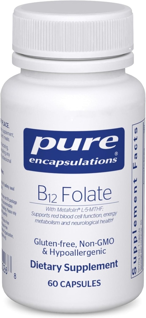 Pure Encapsulations B12 Folate - Συμπλήρωμα ενέργειας για την υποστήριξη των νευρώνων, του μεταβολισμού ενέργειας & Γνωστική υποστήριξη* - με τη βιταμίνη Β Folate ως Metafolin - 60 κάψουλες