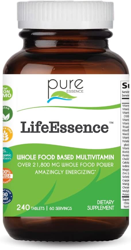 PURE ESSENCE LABS LifeEsence Multivitamin for Women and Men - Φυσικό συμπλήρωμα βοτάνων - Βιταμίνη D, Βιταμίνη D3, Βιταμίνη B12, Βιοτίνη με ολόκληρα τρόφιμα (240 δισκία)