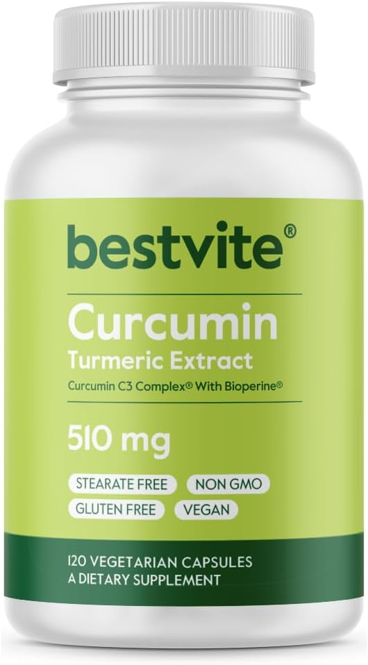BESTVITE Curcumin 510mg (Τουρμερική) (120 κάψουλες χορτοφάγων) με Curcumin C3 Complex & Bioperine - Standardized to 95% Curcuminoids - No Stearates - Vegan - Non GMO - Χωρίς γλουτένη