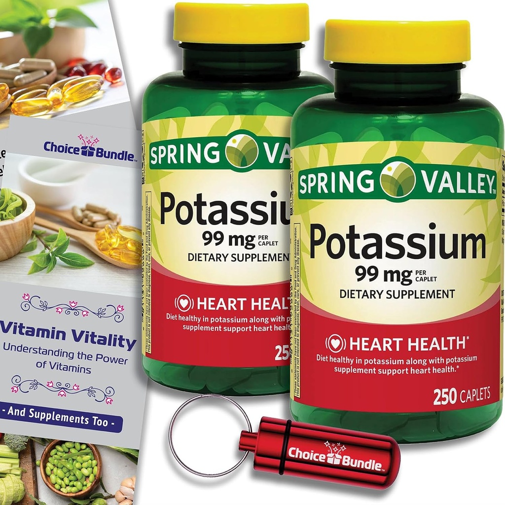 Choice Bundle Spring Valley Potassium Heart Health Dietary Supplement Caplets 99 mg 250 CT 2 pk (500 Total) + “Vitamin Vitality” Guide & Keychain Pill Container (4 αντικείμενα)!