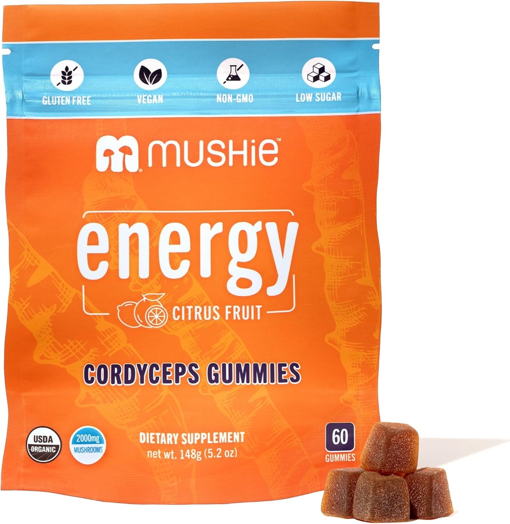 Mushie 100% Organic Cordyceps Mushroom Gummies - 2000mg Cordyceps Militaris Nootropic για την Ενέργεια & την Ανοσολογική Υποστήριξη με Βιταμίνη D - Vegan, Χωρίς Γλουτένη - 60 Count