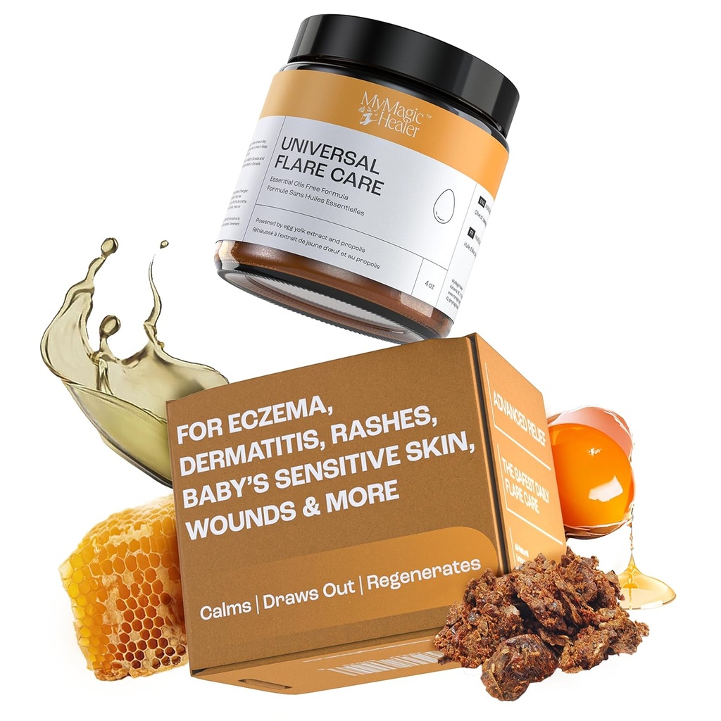 MyMagicHealer Universal Flare Care | Essential Oil Free | Relief for Rashes, Eczema, Psoriasis, Hidradenitis Suppurativa, Impetigo, Dermatitis, Wound Care, Sensitive Skin w/Propolis & Egg Yolk 4 oz