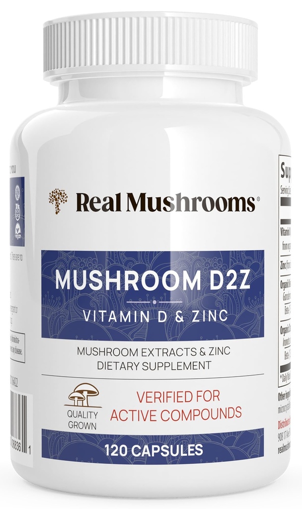 Real Mushrooms Zinc and Vitamin D2 Capsules – with Organic Chaga and Reishi Mushroom Extracts – Vitamins for Overall Wellness Support – Vegan, Non-GMO, Gluten-Free – 120 Count Mushroom Supplement