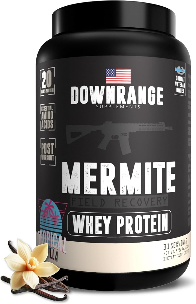 DownRange Mermite Whey Protein Powder, Post workout Muscle Recovery & Energy Support, Drink Mix Supplement with 20g Whey Protein, 9g Amino Acid, 30 Servings (Vanilla)