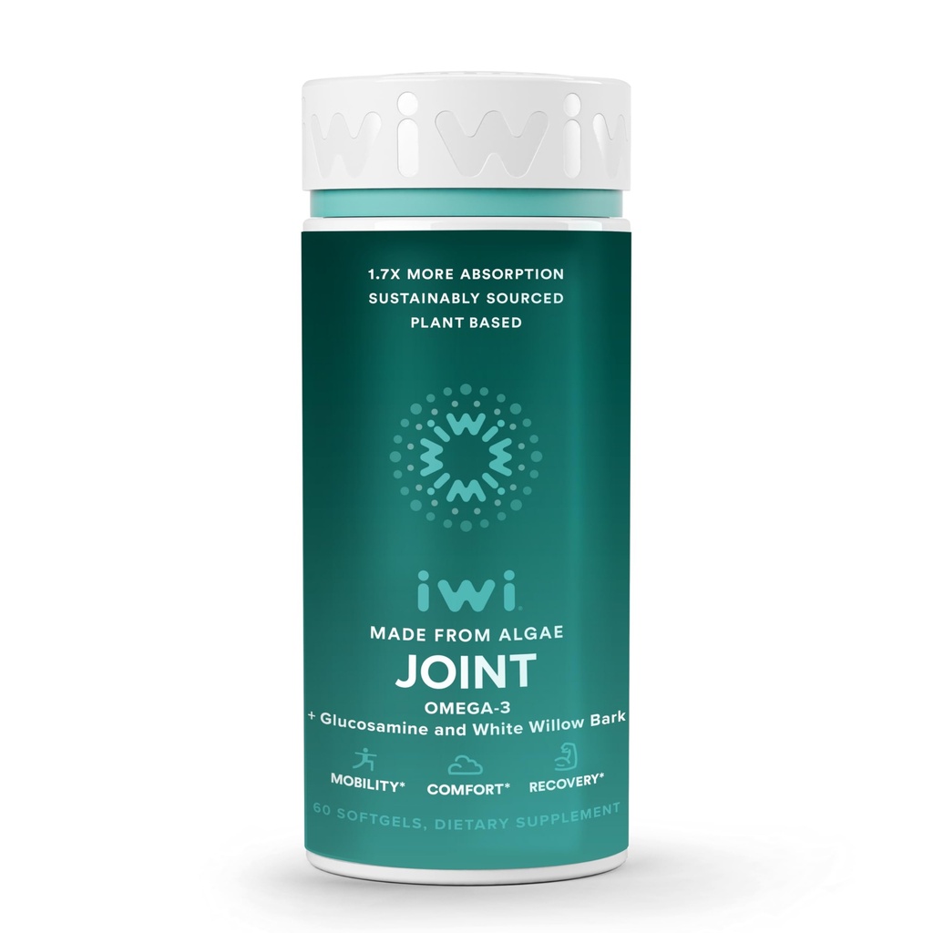 Iwi Life Joint Omega-3, 60 Softgels (30 Servings), Plant-Based Algae Omega-3 with Glucosamine, Mobility Support Dietary Supplement, Krill & Fish Oil Alternative, No Fishy Aftertaste